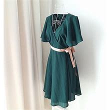 H&M Dresses | H&M Green Flutter Sleeve Bow Wrap Dress | Color: Green/Pink | Size: M