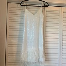 Minuet Petite Dresses | White Sequin Mini Dress With Ostrich Feather Trim | Color: White | Size: 4
