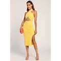 Yellow Ribbed Cutout Halter Midi Dress | Womens | X-Large (Available In XS, S, M, L) | Lulus | Stretchy Fabric
