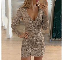 Womens Sparkly Sequin Short Dress Deep V-Neck Long Sleeved Elegant Party Sheath Dress For Holiday Prom Evening New