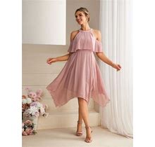 Women's Solid Color Off-Shoulder Asymmetrical Hem Halter Dress,L
