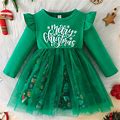 Trendy Santa Claus Print Mesh Dress Baby Girls Flutter Mesh Trim A-Line Dress For Christmas, Party, Gift,Green,User-Friendly,Temu