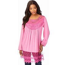 Roaman's Women's Plus Size Scoopneck Lace Bib Tunic - 12, Pink