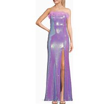 Honey And Rosie Strapless Sequin Feather Trim Front Slit Long Dress, Womens, Juniors, M, Lilac