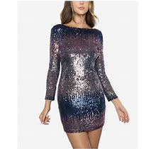B Darlin Womens Blue Sequined Scoop-Back Long Sleeve Boat Neck Mini Party Body Con Dress Juniors 12