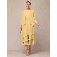 2 Pieces Tea Length Long Sleeves Chiffon Mother Of The Bride Dress, Gold