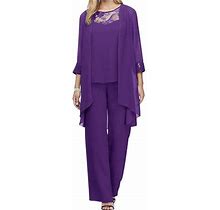 Inhzoy Women's Lace-Chiffon 3-Piece Mother Of The Bride Dress Formal Pantsuit Purple S