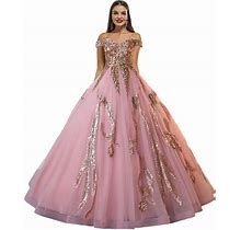 Datangep Sequined Pearl Off Shoulder Ball Prom Dress Floor Lenght Tulle Quinceanera Dresses Formal Princess Ball Prom Dress