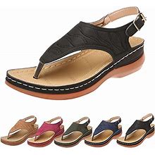 Wellmesi Sandals, Leather Orthopedic Arch Support Sandals Diabetic Walking Sandals, Summer Casual Comfortable Flip-Flops Slippers (5.5, Black)
