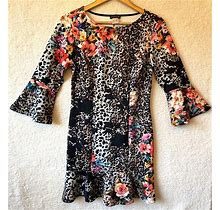 Venus Scuba Knit Floral Animal Print Stretch Dress Size Small Bell Sleeves