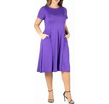 24Seven Comfort Apparel Plus Size Short Sleeve Midi Dress With Pockets - Lilac