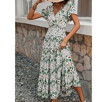 Women's Casual Dress Swing Dress Floral Print V Neck Long Dress Maxi Dress Vacation Short Sleeve Summer
