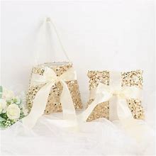 Efavormart 1 Set | Gold Sequin Flower Girl Petal Basket & Ring Bearer Pillow Wedding Set
