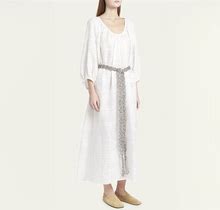 Loro Piana Abito Medea Needle Linen Belted Maxi Dress, 1000 White, Women's, Medium, Casual & Work Dresses Maxi Dresses