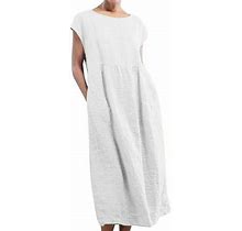 Fhsagq Women's Plus Sequin Dresses Women's Solid Sleeveless O Neck Maxi Pockets Loose Baggy Kaftan Long Dress White L