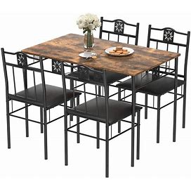 5-Piece Dining Table Set Wooden Kitchen Table 1 Table 4 Chairs Metal Legs, Rectangular Dining Table Sets42.1"L, Brown