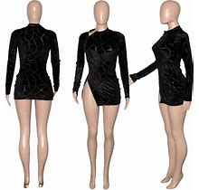 Women Long Sleeve Plaid Side Slit Zipper Birthday Party Irregular Mini Dress S3