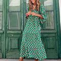 Jacenvly Green Dresses For Women Plus Ladies Three Quarter Sleeve Casual Maxi Dress Bohemian Floral V-Neck Puff Short Sleeve Beach Tiered Sundress Lon