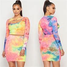 Blair House Boutique Dresses | Tie Dye Soft Ribbed Two Piece Crop & Skirt Set | Color: Pink/Yellow | Size: Various