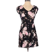 Bethany Mota For Aeropostale Casual Dress - A-Line Scoop Neck Short Sleeve: Black Floral Dresses - Women's Size X-Small