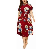 Ichuanyi Clearance Summer Dresses Women's Casual Plus Size O-Neck Short Sleeve Print Waist Strap Dress