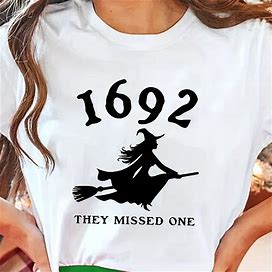 Halloween Letter Graphic Crew Neck Cotton Blend T-Shirt, Blouses, Tee, Women's Witch Casual Short Sleeve Top For Spring Summer,White,Reliable,Temu