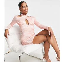 ASOS PETITE Asos Design Petite Long Sleeve Halter Ruched Mini Dress In Pink Marble Print-Multi