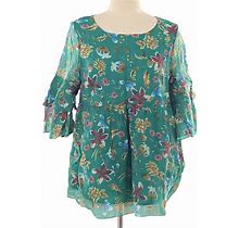 SUZANNE BETRO Top Womens Size M Green Floral Tiered Sleeve Boho Tunic Blouse