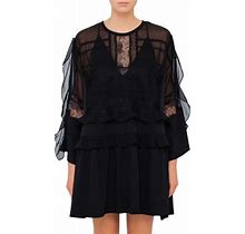 $510 Iro Kimbey Lace Ruffled Bell Sleeves Black Tunic Dress Size 36