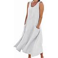 Ovbmpzd Women's Summer Casual Solid Sleeveless Cotton Linen Maxi Dress White 5XL
