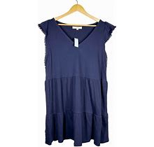 Loft Dresses | Ann Taylor Loft Pom Pom Ruffle Sleeve Tiered Tank Dress In Navy Xlp | Color: Blue | Size: Xlp