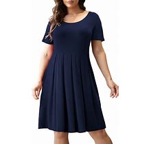 Tralilbee Women's Plus Size Short Sleeve Dress Casual Pleated Swing Dresses With Pockets