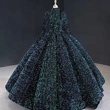 Emerald Green Ball Gown Ombre Sequin Long Sleeve Quinceanera Dresses