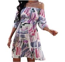 Dolkfu Off Shoulder Dress For Women Strapless Floral Print Puff Sleeve Flowy Dress Backless Color Block Pleated Dress