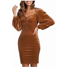 Womens Long Sleeve Velvet Bodycon Dress Solid Casual Ruched V Neck Party Dress Soft Comfy Slim Fit Cocktail Dress