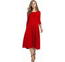 Valentine's Square Neck 3/4-Length Solid Color Midi Dress- Red 3X Plus Size