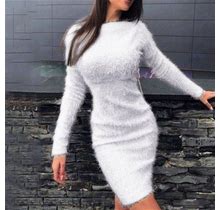Wanyng Womens Dresses Women's Dress Ladies Autumn Winter Knit Turtleneck Long Sleeves Solid Color Slim Plush Sweater Dress,Women's Round Neck Long,Whi