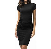 Missufe Womens Ruched Casual Sundress Knee Length Slim Fit Bodycon Dress Black Medium