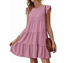 KIRUNDO Women's Summer Dresses Sleeveless Ruffle Sleeve Round Neck Solid Loose Short Flowy Pleated Mini Babydoll Dress