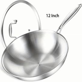 1Pc, Stainless Steel Wok, Stainless Steel 3-Layer Frying Pan With Glass Cover, PFOA Free, For Home Kitchen Restaurant Hotel, Kitchen,All-New,Temu