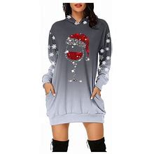 Womens Dresses Casual Merry Christmas Prints Bag Pocket Long Sleeves Hoodies Sweatshirts With Pockets Dress