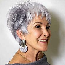 Lakihair Short Grey Wigs For Women Pixie Cut Wigs With Bangs Fluffy Layered Ombre Gray Wigs