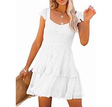 Womens Summer Dresses Casual Boho Smocked Ruffle Sun Beach Babydoll Mini Dress L
