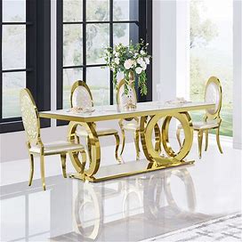 79" Modern Rectangle White Dining Table Sintered Stone Top Stainless Steel Base In Gold