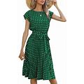 Bebiullo Women's Dresses Summer Boho Dots Short Sleeve Midi Casual Dress With Belt Holiday Sundress Green XL