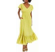 Taylor Women's Short Sleeve V-Neck Smocked Waist Solid Midi Dress, Yellow