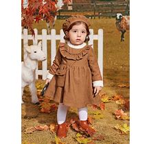 Baby Girl Contrast Fuzzy Trim Ruffle Detail Dress & bag,6-9m