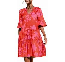 Sayhi Womens 3/4 Puff Sleeves Ruffle Mini Dress V Neck Solid Pleated Dresses Tunics Dress
