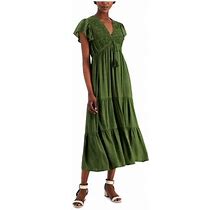 Taylor Petite Womens Green Ruched Woven Smocked Tie Flutter Sleeve V Neck Maxi Fit + Flare Dress Petites 6P