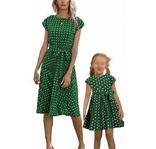 Frontwalk Mommy And Me Swing Polka Dots Matching Outfits Bow Hawaiian T Shirt Dress Mother Daughter Belted Beach Sundress